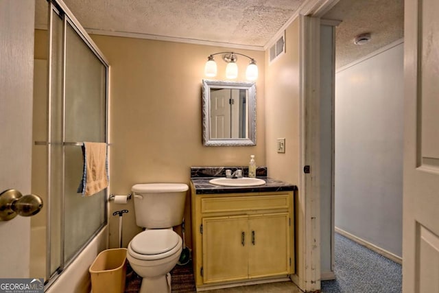 4618 Jones Gap Rd, Hiawassee, GA 30546 - full bath with a textured ceiling, vanity, toilet, bath / shower combo with glass door, and crown molding