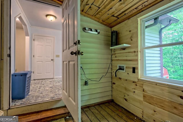 4618 Jones Gap Rd, Hiawassee, GA 30546 - doorway to outside with vaulted ceiling, healthy amount of natural light, hardwood / wood-style flooring, wood ceiling, and wood walls