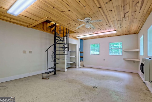 4618 Jones Gap Rd, Hiawassee, GA 30546 - unfurnished living room featuring wooden ceiling, stairway, baseboards, a ceiling fan, and heating unit