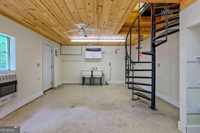 4618 Jones Gap Rd, Hiawassee, GA 30546 - basement featuring wood ceiling, stairway, heating unit, baseboards, and a sink