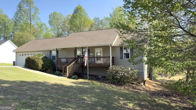 50 Kensington Dr, Cleveland, GA 30528 - ranch-style house with a garage, a front lawn, a porch, roof with shingles, and stairway