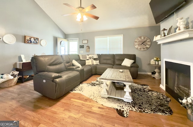 50 Kensington Dr, Cleveland, GA 30528 - living room with a ceiling fan, wood finished floors, a fireplace, and high vaulted ceiling