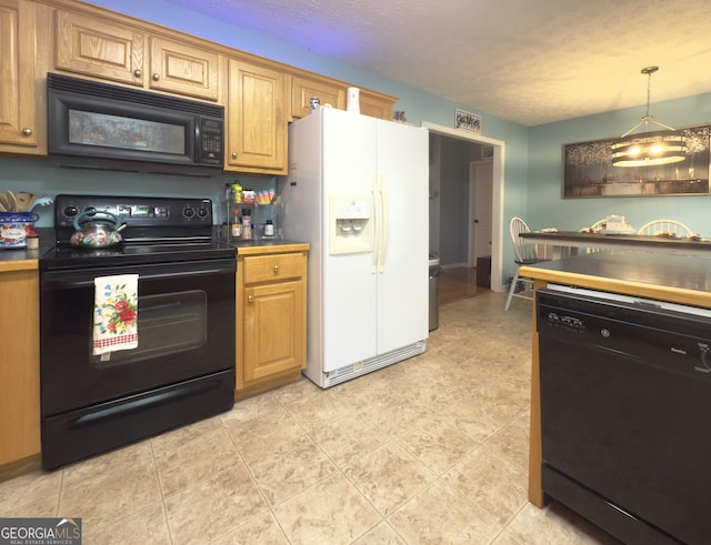 50 Kensington Dr, Cleveland, GA 30528 - kitchen with black appliances, a textured ceiling, a chandelier, and decorative light fixtures