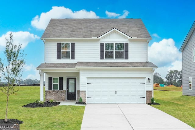 295 Limestone Cir, Conyers, GA 30013 - view of front of home with brick siding, a garage, driveway, and a front lawn