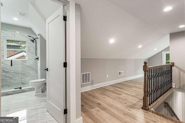 1283 Beecher St SW, Atlanta, GA 30310 - hallway featuring an upstairs landing, plenty of natural light, vaulted ceiling, recessed lighting, and light wood-style floors