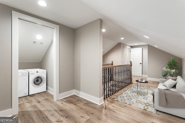 1283 Beecher St SW, Atlanta, GA 30310 - laundry area with washing machine and dryer, wood finished floors, and recessed lighting