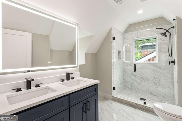 1283 Beecher St SW, Atlanta, GA 30310 - bathroom featuring marble finish floors, double vanity, a marble finish shower, lofted ceiling, and recessed lighting