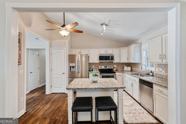 1087 Berkley Dr SE, Smyrna, GA 30082 - kitchen with appliances with stainless steel finishes, a sink, vaulted ceiling, white cabinetry, and a ceiling fan