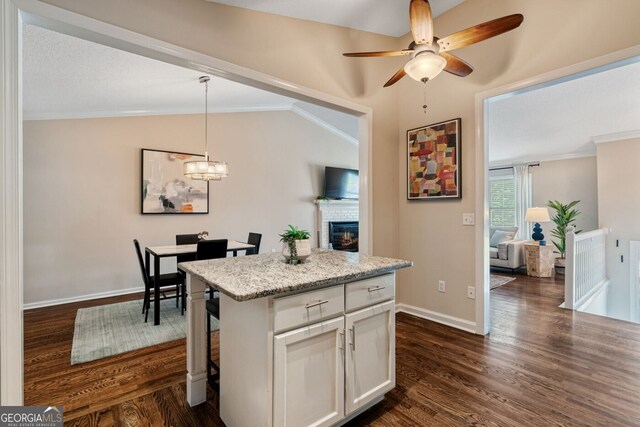 1087 Berkley Dr SE, Smyrna, GA 30082 - kitchen with dark wood-type flooring, ornamental molding, a brick fireplace, a ceiling fan, and lofted ceiling