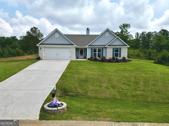 290 Bowers Estates Dr, Hartwell, GA 30643 - view of front facade featuring board and batten siding, brick siding, an attached garage, concrete driveway, and a chimney