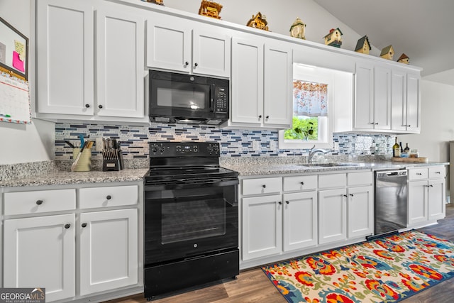 290 Bowers Estates Dr, Hartwell, GA 30643 - kitchen featuring black appliances, a sink, white cabinetry, and backsplash
