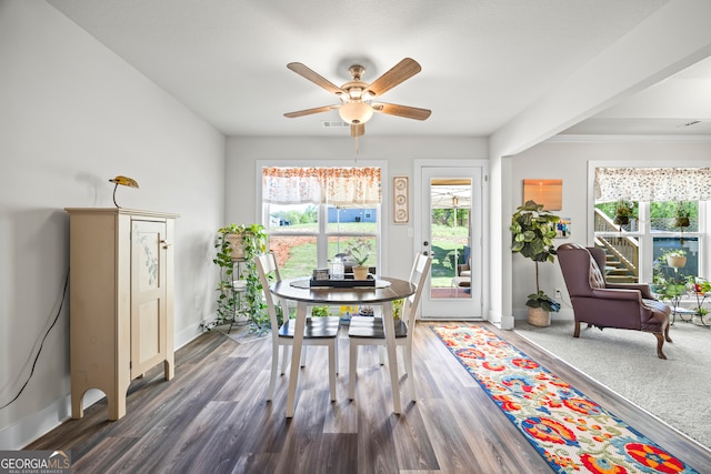290 Bowers Estates Dr, Hartwell, GA 30643 - dining space with ceiling fan, healthy amount of natural light, baseboards, and dark wood-type flooring