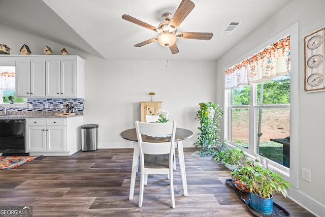 290 Bowers Estates Dr, Hartwell, GA 30643 - dining room featuring healthy amount of natural light, ceiling fan, baseboards, dark wood-style floors, and lofted ceiling