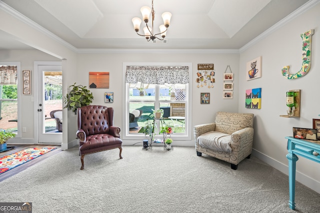 290 Bowers Estates Dr, Hartwell, GA 30643 - living area with carpet floors, a chandelier, a tray ceiling, crown molding, and lofted ceiling