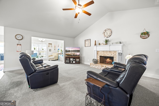 290 Bowers Estates Dr, Hartwell, GA 30643 - living room with ceiling fan, vaulted ceiling, carpet floors, a chandelier, and a brick fireplace