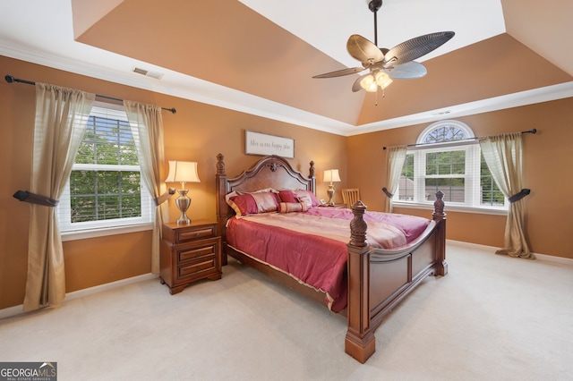 5711 Brynwood Cir NW, Acworth, GA 30101 - bedroom featuring a raised ceiling, multiple windows, light carpet, baseboards, and ornamental molding
