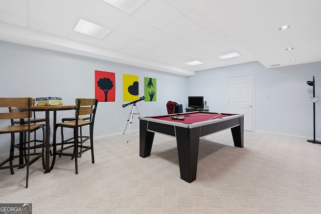 5711 Brynwood Cir NW, Acworth, GA 30101 - game room featuring a paneled ceiling, pool table, light colored carpet, and baseboards