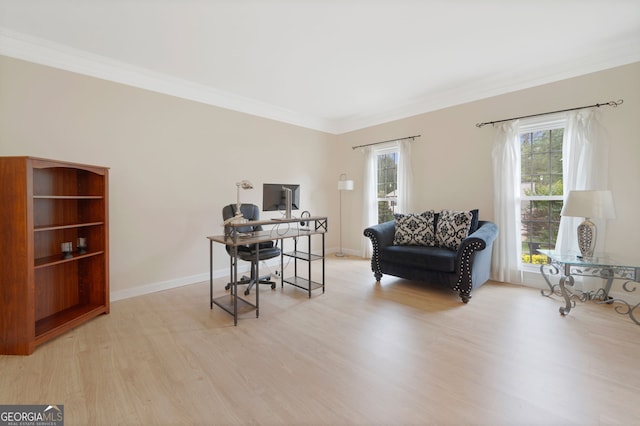 5711 Brynwood Cir NW, Acworth, GA 30101 - home office featuring light wood-type flooring, crown molding, and baseboards