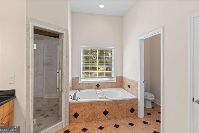 3113 Brians Creek Dr SE, Conyers, GA 30013 - full bathroom with a garden tub, vanity, a stall shower, and tile patterned floors