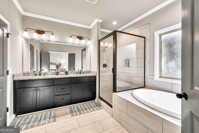 2980 Beards Rd, Buford, GA 30518 - full bath featuring a garden tub, a shower stall, double vanity, ornamental molding, and tile patterned floors