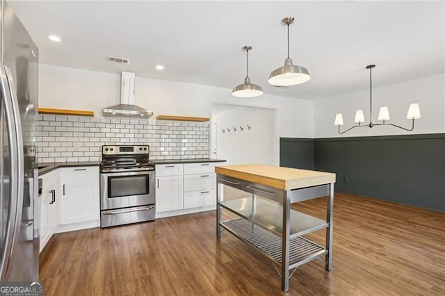 355 Winding River Dr Unit B, Atlanta, GA 30350 - kitchen with open shelves, appliances with stainless steel finishes, wall chimney range hood, dark countertops, and tasteful backsplash