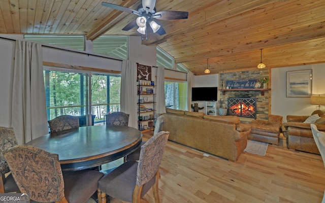 171 Friendship Dr, Hartwell, GA 30643 - dining area featuring wood finished floors, wooden ceiling, a fireplace, and ceiling fan