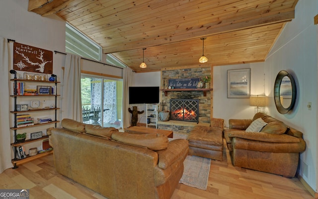 171 Friendship Dr, Hartwell, GA 30643 - living room with wood ceiling, a fireplace, and wood finished floors