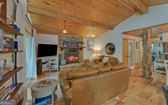 171 Friendship Dr, Hartwell, GA 30643 - living room with wood ceiling, a fireplace, and wood finished floors