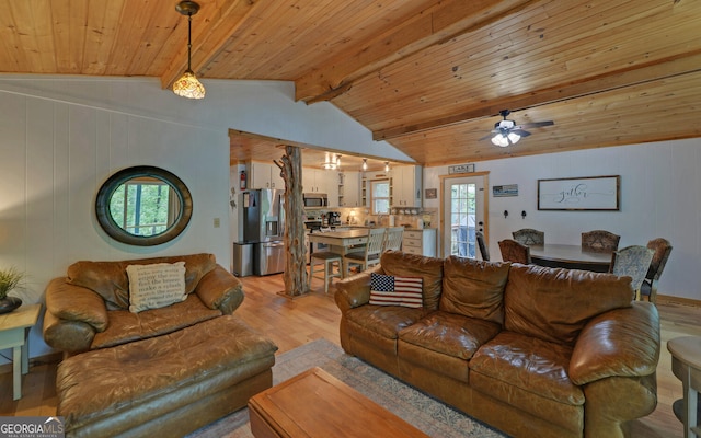 171 Friendship Dr, Hartwell, GA 30643 - living room with light wood-style flooring, wooden ceiling, and a ceiling fan