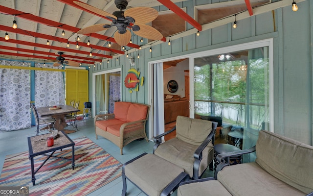 171 Friendship Dr, Hartwell, GA 30643 - sunroom / solarium featuring a ceiling fan, lofted ceiling, and outdoor lounge area