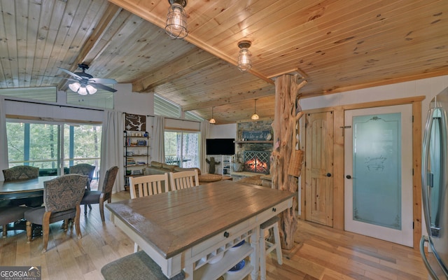 171 Friendship Dr, Hartwell, GA 30643 - dining space featuring light wood finished floors, wood ceiling, a ceiling fan, and a stone fireplace