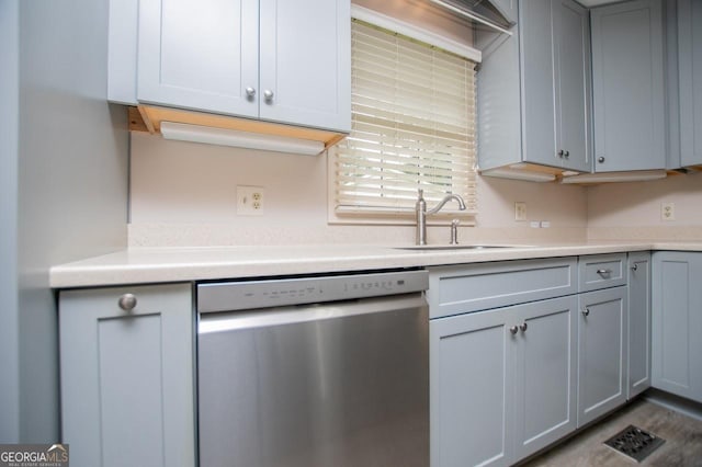 65 Pine Haven Ct, Carrollton, GA 30116 - kitchen featuring dishwasher, gray cabinetry, light countertops, and a sink