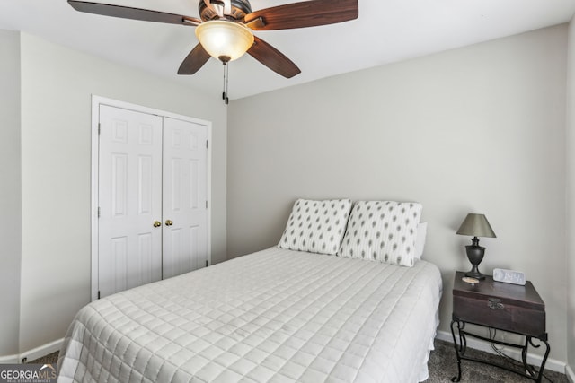 2624 E Madison Dr, Atlanta, GA 30360 - bedroom with baseboards, carpet floors, a closet, and ceiling fan