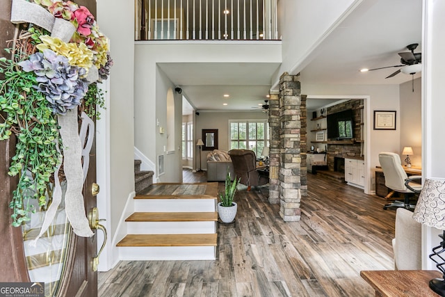 2624 E Madison Dr, Atlanta, GA 30360 - foyer with a ceiling fan, wood finished floors, decorative columns, and recessed lighting