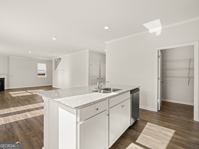 525 King Vlg, Braselton, GA 30517 - kitchen with dishwasher, a sink, crown molding, an island with sink, and baseboards