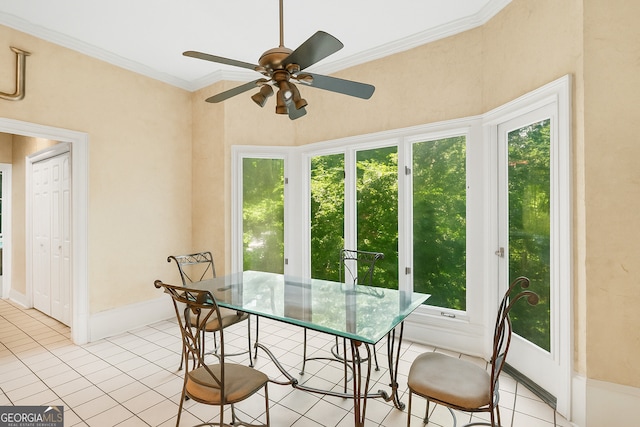 5105 Jett Forest Trl NW, Sandy Springs, GA 30327 - dining area with light tile patterned floors, a ceiling fan, and ornamental molding