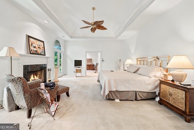 5105 Jett Forest Trl NW, Sandy Springs, GA 30327 - bedroom with light colored carpet, a premium fireplace, recessed lighting, ceiling fan, and a tray ceiling