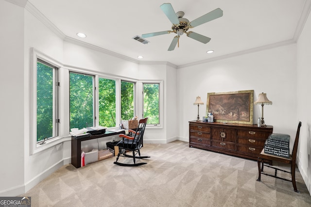 5105 Jett Forest Trl NW, Sandy Springs, GA 30327 - carpeted office space with ornamental molding, ceiling fan, and recessed lighting