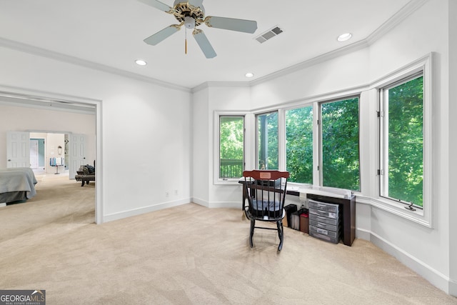 5105 Jett Forest Trl NW, Sandy Springs, GA 30327 - office featuring carpet flooring, ornamental molding, plenty of natural light, recessed lighting, and a ceiling fan