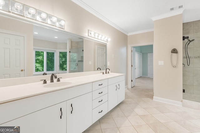 5105 Jett Forest Trl NW, Sandy Springs, GA 30327 - full bathroom with double vanity, tiled shower, ornamental molding, and tile patterned flooring