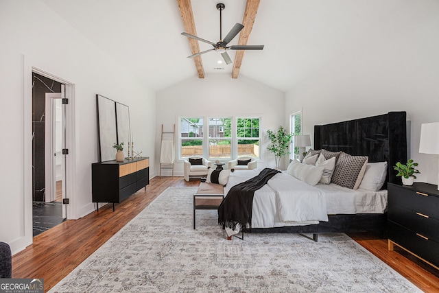 1721 S Gordon St SW, Atlanta, GA 30310 - bedroom with beam ceiling, wood finished floors, high vaulted ceiling, and ceiling fan
