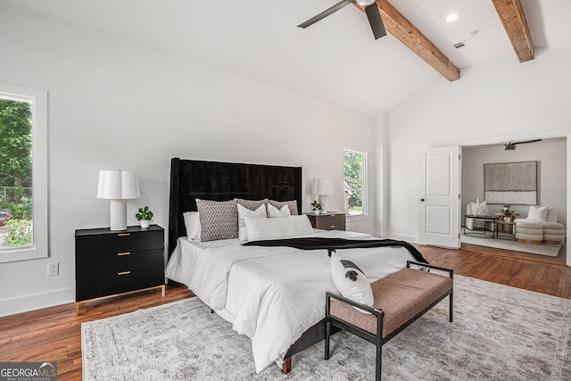 1721 S Gordon St SW, Atlanta, GA 30310 - bedroom with multiple windows, wood finished floors, beamed ceiling, high vaulted ceiling, and ceiling fan