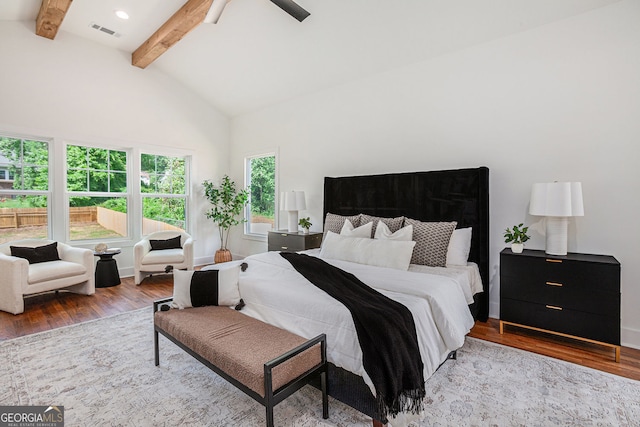 1721 S Gordon St SW, Atlanta, GA 30310 - bedroom with wood finished floors, beamed ceiling, a ceiling fan, high vaulted ceiling, and recessed lighting