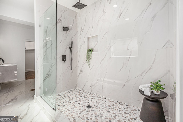 1721 S Gordon St SW, Atlanta, GA 30310 - full bathroom with a marble finish shower, a walk in closet, marble tiled flooring, and recessed lighting