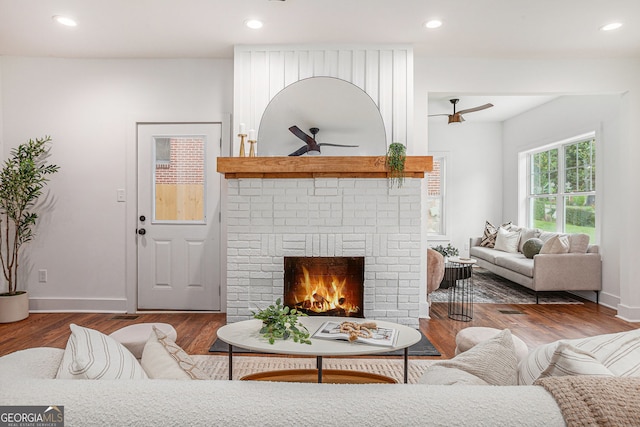1721 S Gordon St SW, Atlanta, GA 30310 - living room with ceiling fan, wood finished floors, recessed lighting, and a brick fireplace