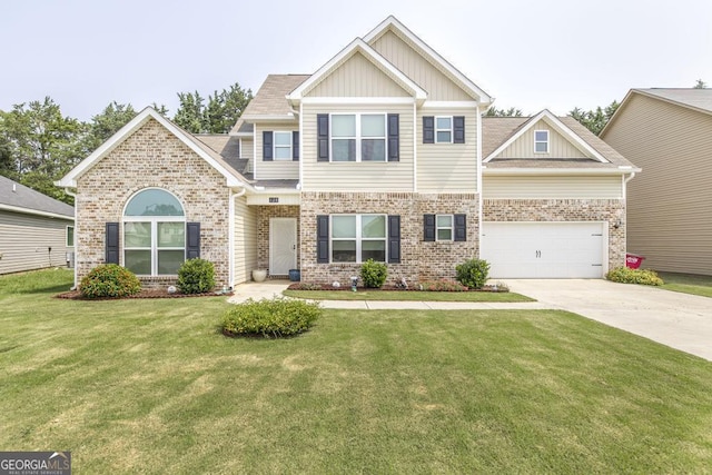 128 Arbor Crk, Warner Robins, GA 31093 - craftsman-style home with board and batten siding, driveway, a front yard, and brick siding