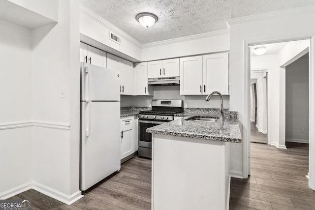 1931 Brian Way, Decatur, GA 30033 - kitchen with freestanding refrigerator, gas stove, under cabinet range hood, white cabinetry, and a textured ceiling