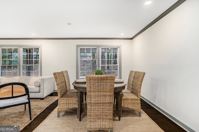 2695 Peeler Rd, Dunwoody, GA 30360 - dining room featuring ornamental molding, plenty of natural light, baseboards, wood finished floors, and recessed lighting