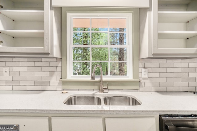 2695 Peeler Rd, Dunwoody, GA 30360 - kitchen featuring a sink, white cabinetry, decorative backsplash, and dishwasher