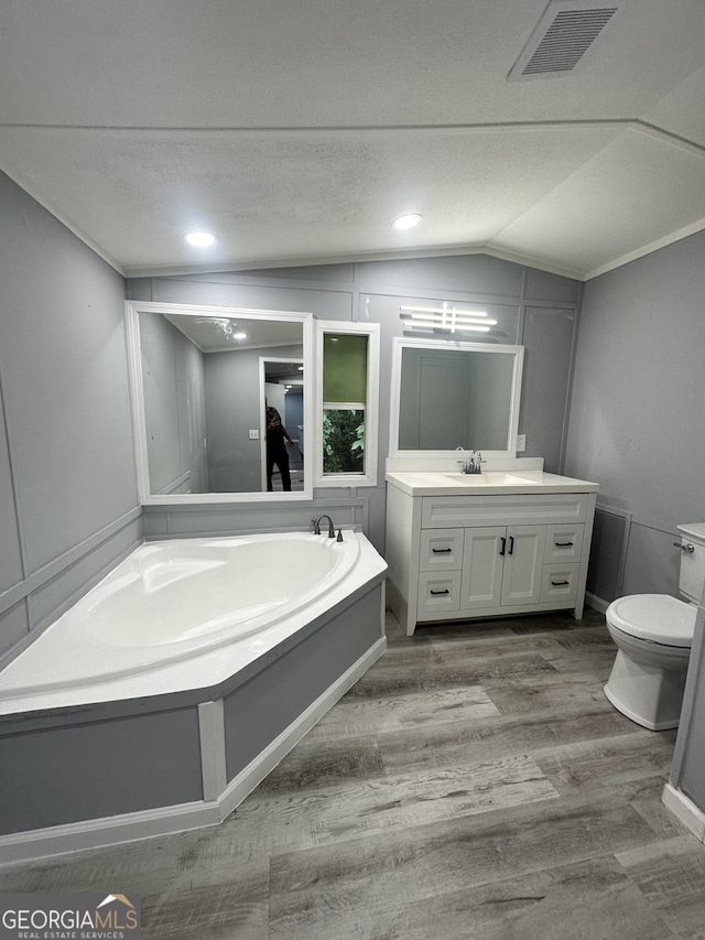 19 Poole Cir, Ellenwood, GA 30294 - full bathroom with vaulted ceiling, a bath, vanity, wood finished floors, and toilet